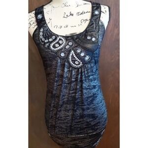 90s Y2K Womens Size Small Royal Black Embellished Liquid Tunic Sexy Top Studio Y